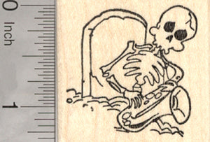 Skeleton Rubber Stamp, Playing Jazz Saxophone from his Grave, Day of the Dead, Halloween, Día de Muertos