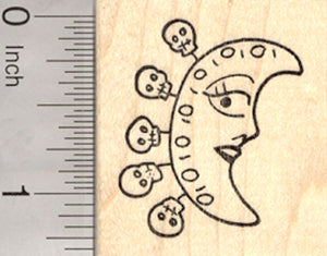 Day of the Dead Moon Rubber Stamp, with Skull Charms, Dia de Muertos