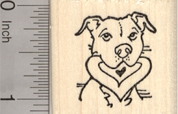 Pitbull Valentine Rubber Stamp, Dog with Heart in Mouth, Staffordshire Terrier