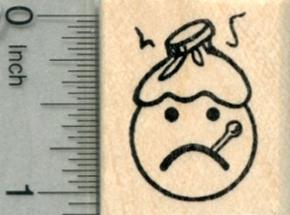 Get Well Emoji Rubber Stamp, Sick Smiley with Fever