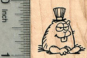 Groundhog Rubber Stamp, Marmot in top hat in burrow