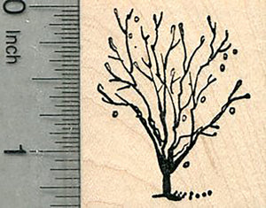 Winter Tree Rubber Stamp, Bare Branched, with Snow Falling, Small Size