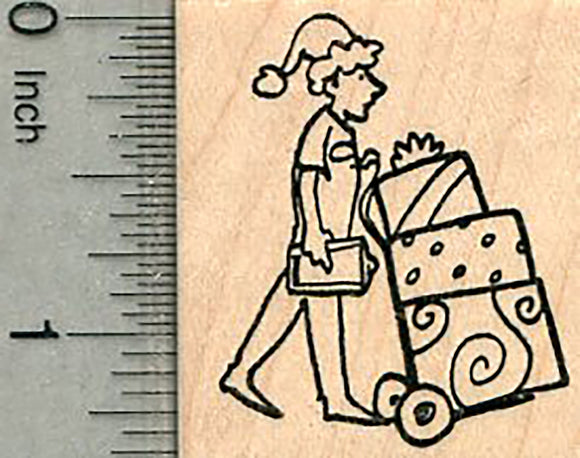 Christmas Delivery Rubber Stamp, Man in Santa Hat, Presents