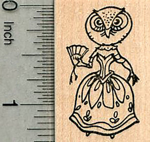 Owl Rubber Stamp, in Victorian Dress with Fan