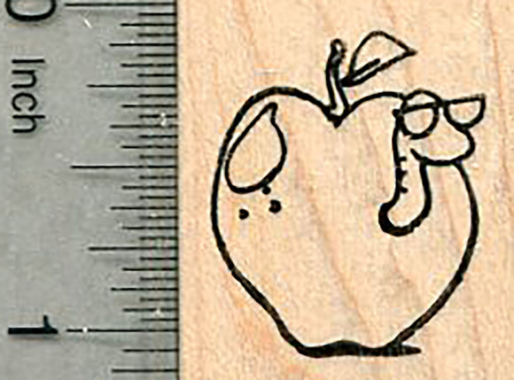 Nerdy Worm Rubber Stamp, In Apple, Wearing Glasses