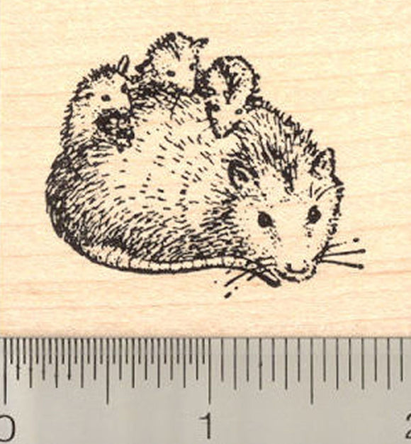 Opossum Rubber Stamp, Mother with Babies on Back