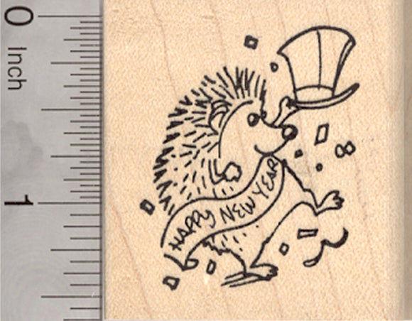 Happy New Year Hedgehog Rubber Stamp