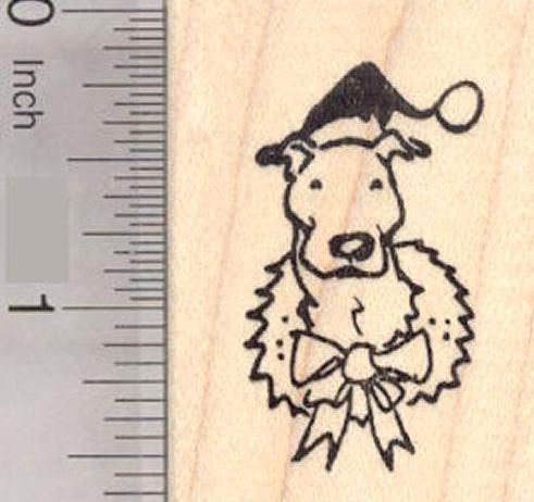Pitbull Dog Christmas Rubber Stamp with Wreath and Santa Hat