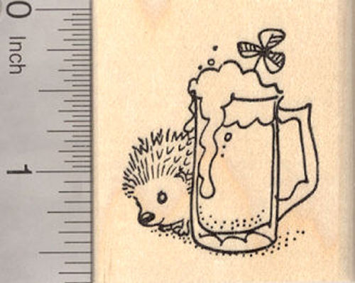 St. Patrick's Day Hedgehog Rubber Stamp with Green Beer and Shamrock
