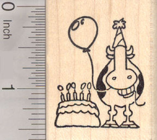 Happy Birthday Grinning Cow Rubber Stamp