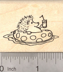 Hedgehog in Swimming Pool Rubber Stamp, with Drink and Bendy Straw
