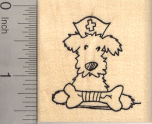 Get Well Terrier Rubber Stamp with Broken Dog Bone and Nurse Hat
