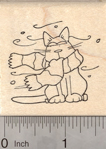 Holiday Cat Rubber Stamp, in Winter Scarf with Snow