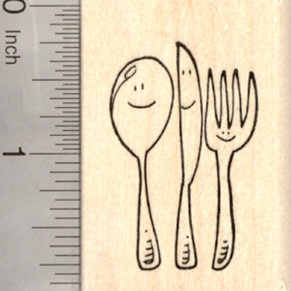 Silverware Rubber Stamp, Smiling Knife Fork and Spoon
