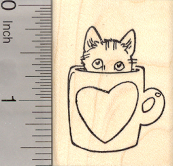 Valentine's Day Cat Rubber Stamp, in Coffee Mug with Heart