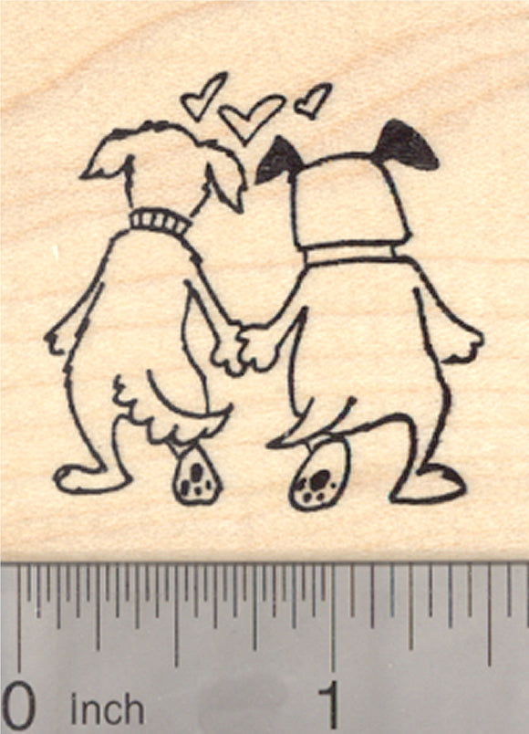 Valentine's Day Rubber Stamp, Dogs holding hands, Puppy Love