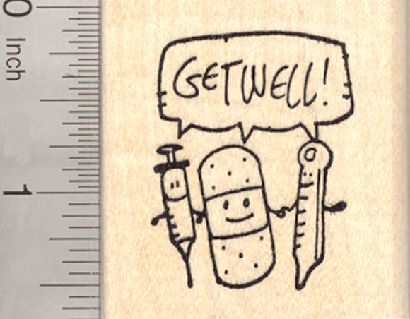 Get Well Rubber Stamp, with Syringe, Bandage, and Thermometer
