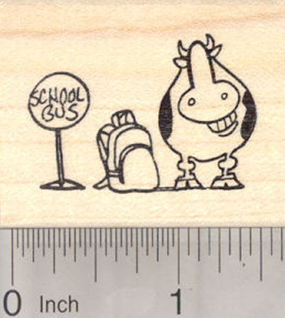 Back to School Grinning Cow Rubber Stamp, Bus Stop, Backpack