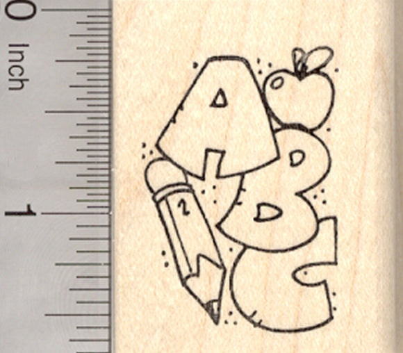 Teacher Rubber Stamp, ABC Pencil and Apple, Back to School Series
