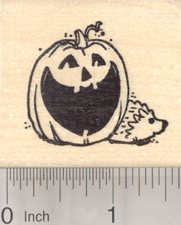 Halloween Hedgehog Rubber Stamp, with Jack-O-Lantern Pumpkin