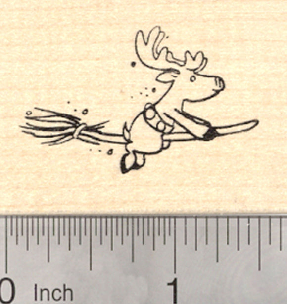 Christmas Reindeer Rubber Stamp, Flying on a Halloween Witch's Broom
