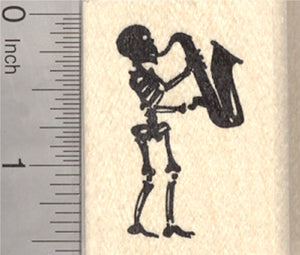 Skeleton Rubber Stamp, Playing Jazz Saxophone in Silhouette, Day of the Dead, Halloween, Día de Muertos