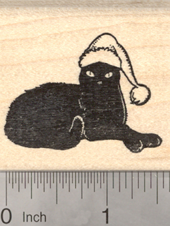 Christmas Black Cat Rubber Stamp, Feline in Santa Hat