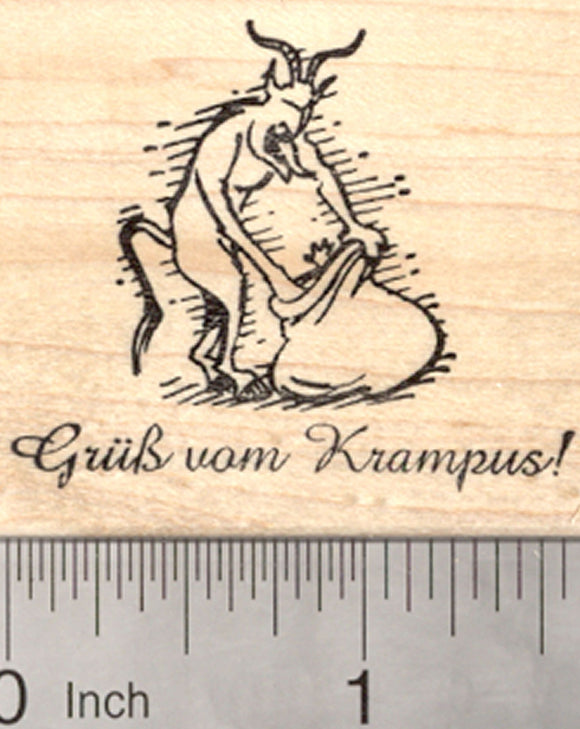 Christmas Krampus Rubber Stamp, Grub vom saying, with sack and captive