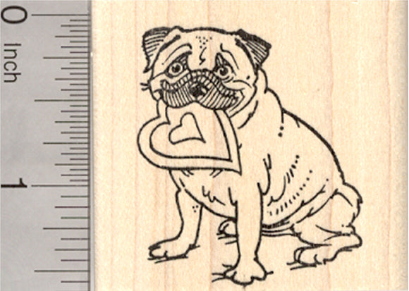Valentine's Day Pug Rubber Stamp, Dog with Heart in Mouth