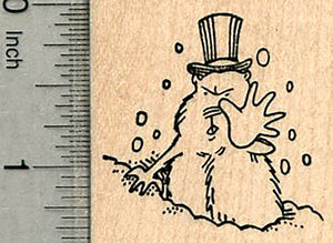 Groundhog Day Rubber Stamp, Grumpy Woodchuck, Gesturing Stop