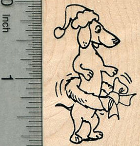 Christmas Dachshund Rubber Stamp, with Holiday Wreath