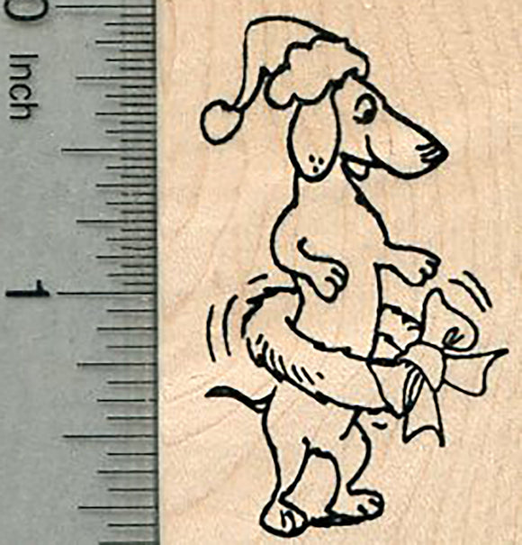 Christmas Dachshund Rubber Stamp, with Holiday Wreath