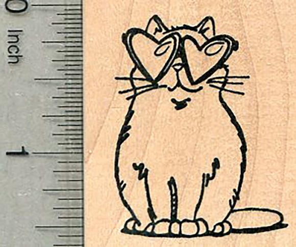 Valentines Day Cat Rubber Stamp, in Heart Glasses