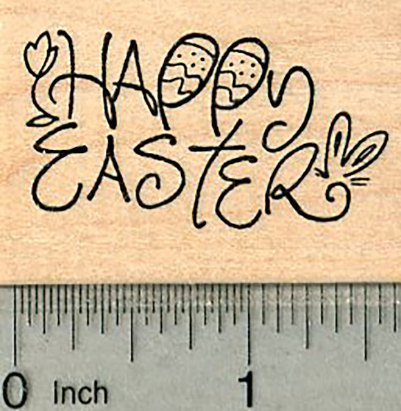 Happy Easter Rubber Stamp, with Rabbit Ears and Eggs