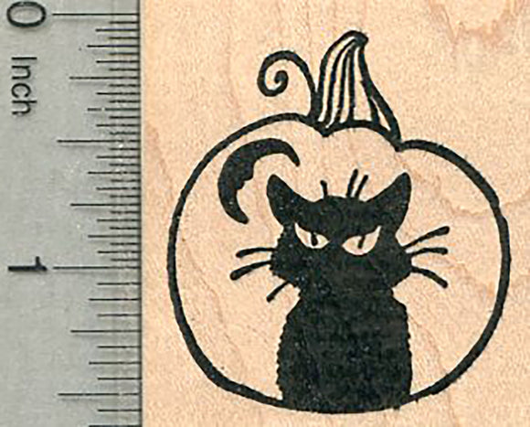 Halloween Pumpkin Rubber Stamp, Black Cat Carved in Jack O Lantern