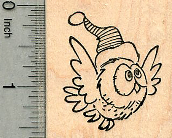 Christmas Owl Rubber Stamp, In Flight, with Santa Hat
