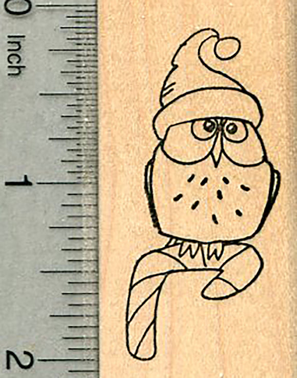 Christmas Owl Rubber Stamp, On Perch, with Santa Hat