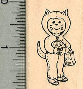 Halloween Rubber Stamp, Trick or Treater Cat Costume