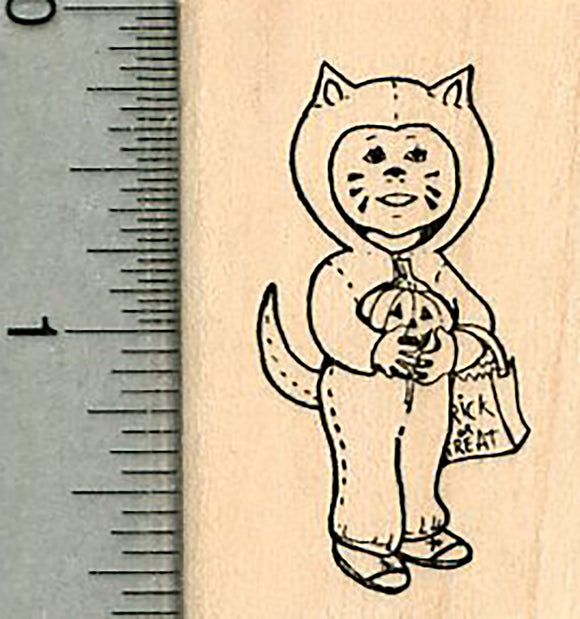 Halloween Rubber Stamp, Trick or Treater Cat Costume
