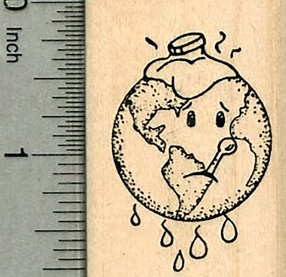 Sick Earth Rubber Stamp, with Thermometer, Global Climate Change