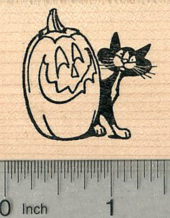 Halloween Cat with Jack O Lantern Rubber Stamp