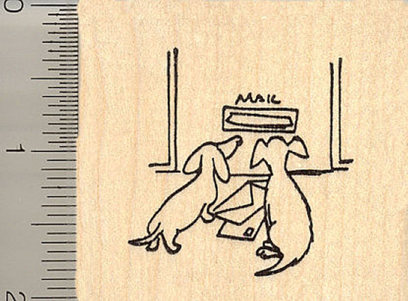 Puppies Waiting for Mail Rubber Stamp - Wood