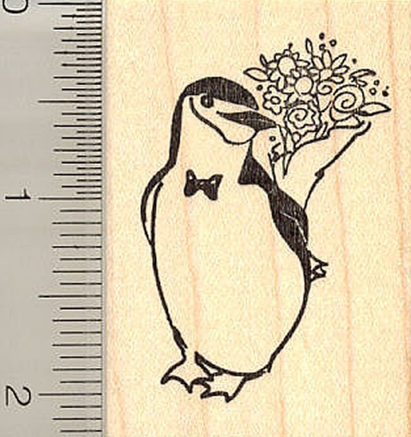 Penguin with Bouquet of Flowers Rubber Stamp