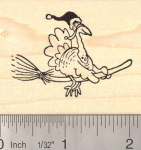 Happy Holidays Santa Turkey Witch on broom Rubber Stamp