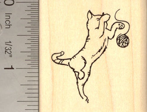 Playful Cat with Yarn Rubber Stamp