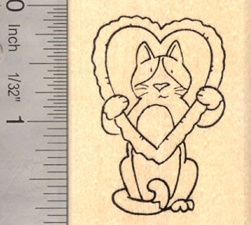 Cat Valentine Rubber Stamp, with Heart