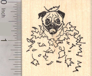Pug Dog Sitting in Autumn Leaves, Thanksgiving Rubber Stamp