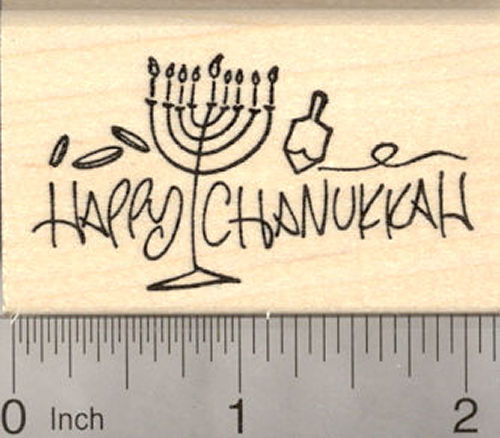 Happy Chanukkah Menorah with Dreidel Rubber Stamp, Chanukah Festival of Lights