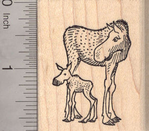 Moose Cow with Calf Rubber Stamp, Mother and baby