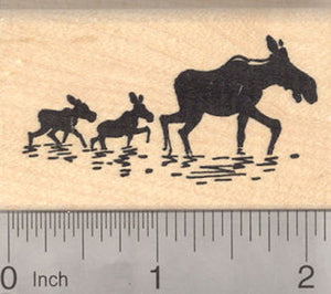 Moose Cow Silhouette with Twin Calves Rubber Stamp